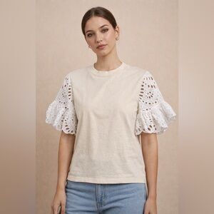 SEE BY CHLOE Designer Butter Cream Top with White Eyelet Sleeves Size S